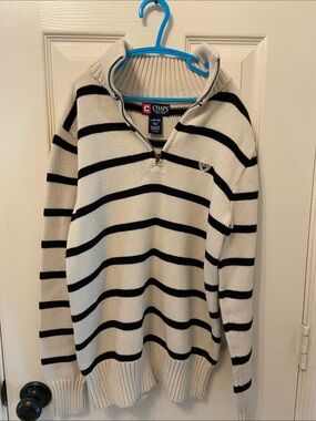 Chaps boys Cream & Black Striped Half-Zip Sweater